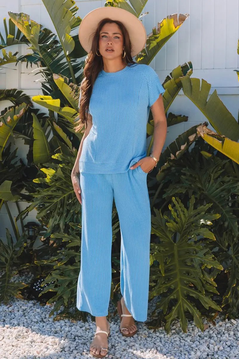 Blue Solid Corded Knit Short Sleeve T Shirt and Wide Leg Pants Set - Love Salve